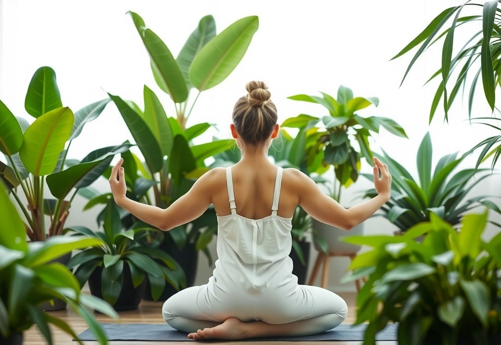 Eine Person sitzt in einer Yogaposition auf einer Matte, umgeben von grünen Pflanzen, symbolisiert innere Ruhe und Stressabbau.