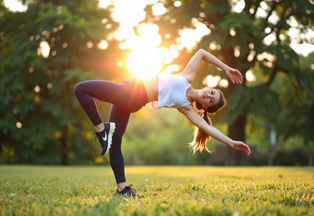 Eine sportliche Person dehnt sich am Morgen im Freien, symbolisiert Bewegung und Gesundheit.