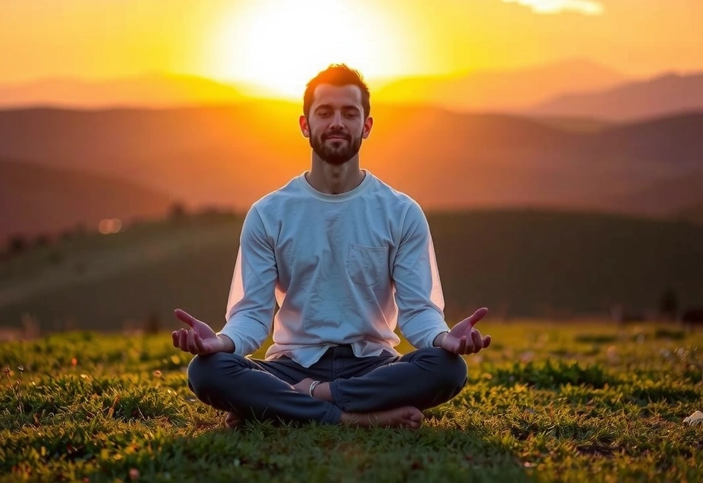 Eine ruhige Person meditiert in einer friedlichen Naturumgebung bei Sonnenuntergang, symbolisiert Achtsamkeit und Stressabbau.