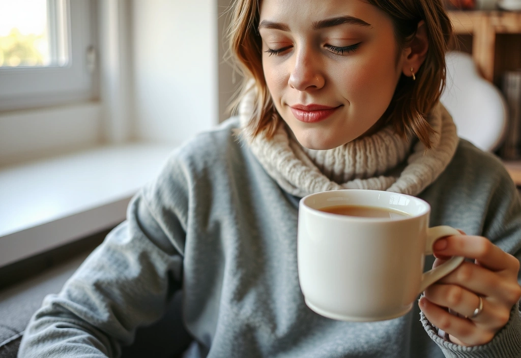 Eine Person trinkt entspannt Kräutertee, symbolisiert Wohlbefinden und Entspannung.