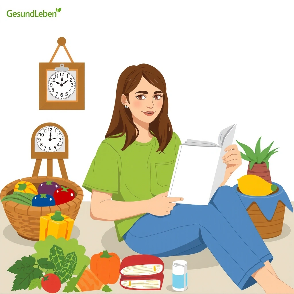 Illustration einer Person, die in einem Buch liest, umgeben von gesunden Lebensmitteln