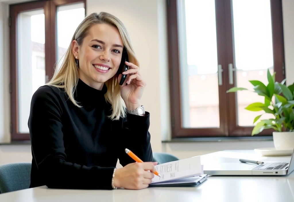 Ein freundliches Teammitglied von GesundLeben, das lächelnd einen Anruf entgegennimmt und Notizen macht, symbolisiert unsere Erreichbarkeit und unser Engagement für Kundenanfragen.