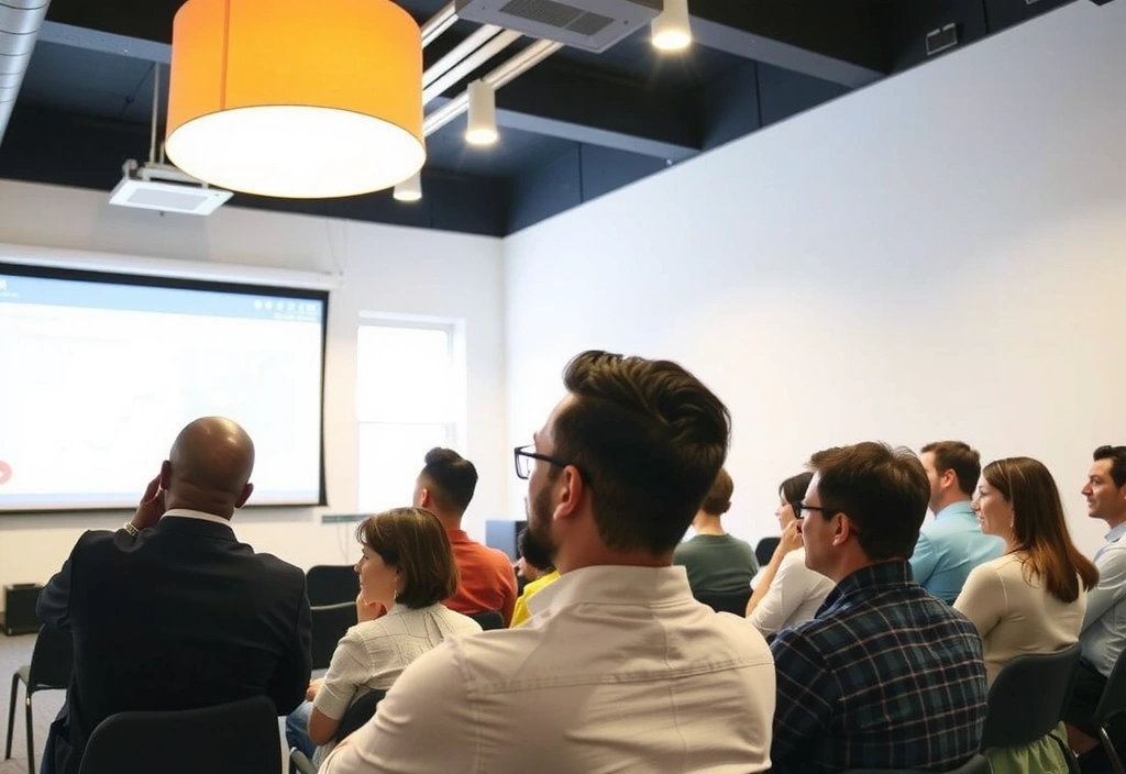 Gruppe von Menschen, die aufmerksam einem Vortragenden in einem modernen Seminarraum zuhören, der auf einer großen Leinwand eine Präsentation zeigt.