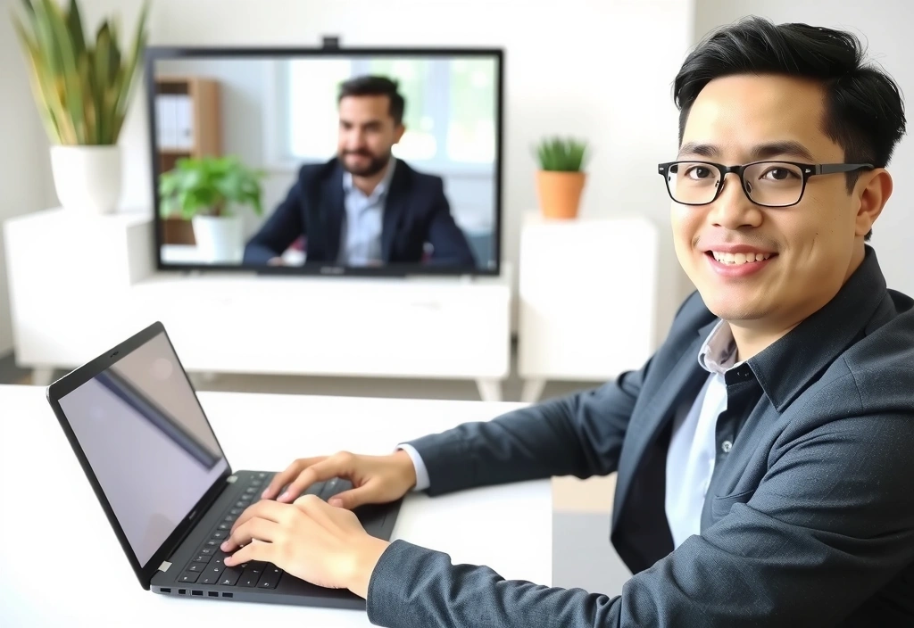 Person führt eine Videoanruf-Beratung auf einem Laptop durch, mit einem professionellen und freundlichen Ausdruck.