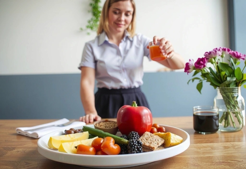 Person, die eine Mahlzeit plant, mit einer bunten Auswahl an gesunden Zutaten auf einem Schneidebrett und einem Notizbuch daneben.