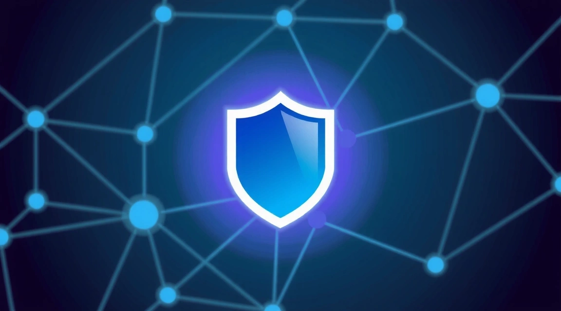 Ein digitaler Sicherheitsschild, umgeben von einer schützenden Firewall und Datenströmen, die Sicherheit und Schutz symbolisieren.