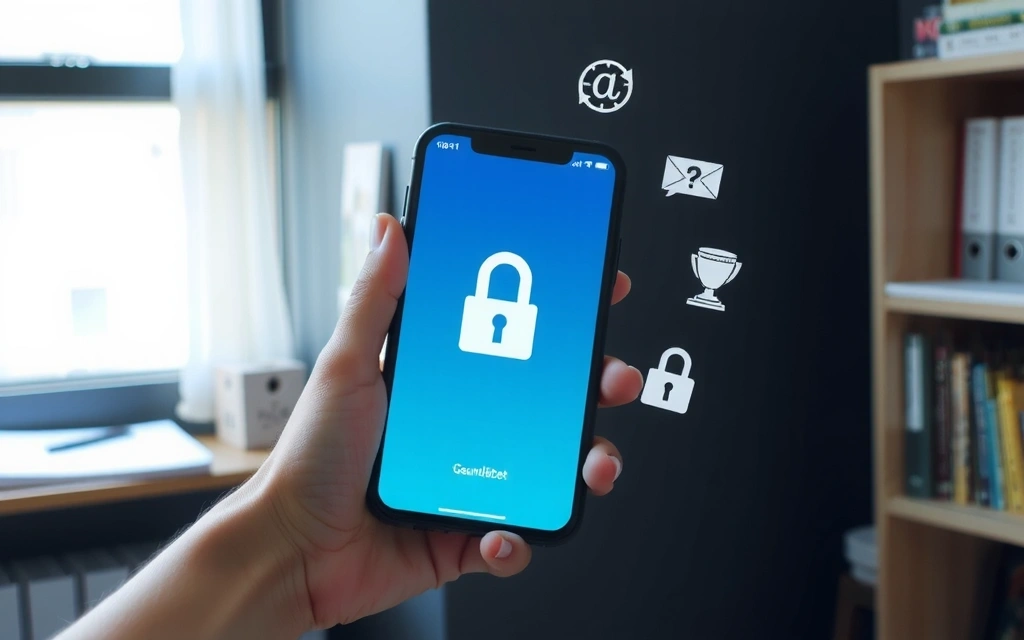 Eine Hand, die ein Smartphone mit einem Schloss-Symbol auf dem Bildschirm hält, umgeben von schwebenden Icons, die Rechte und Regeln darstellen.