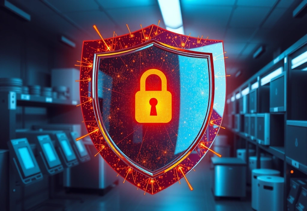 Abstract illustration of a shield protecting digital data, representing liability and data security