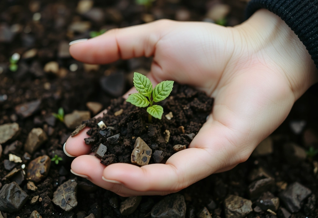 Nahaufnahme einer Hand, die eine Pflanze in Erde hält, symbolisiert Wachstum, Pflege und natürliche Gesundheit.